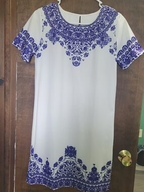 White Mini Dress with Blue Ornate Print